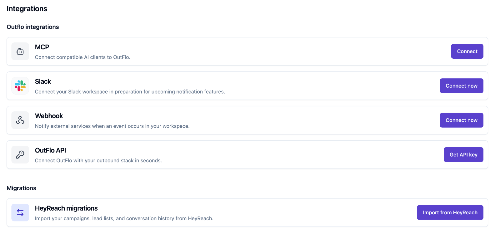 OutFlo's Integrations page: MCP, Slack, webhooks, the OutFlo API and HeyReach migration